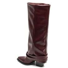 Women's Plain Pointed Toe Zipper Fashion Mid-Calf Boots With Buckle - Burgundy - View 4
