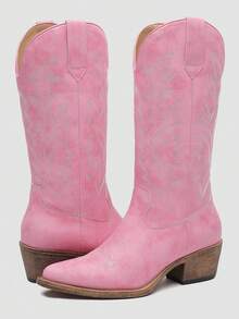 GLOBALWIN Women's Mid Calf Western Cowboy Boots Cowgirl Boots For Women With Floral Embroidery Side Zipper Chunky Heel Fall Boots Halloween Season - 粉色 - 查看 1