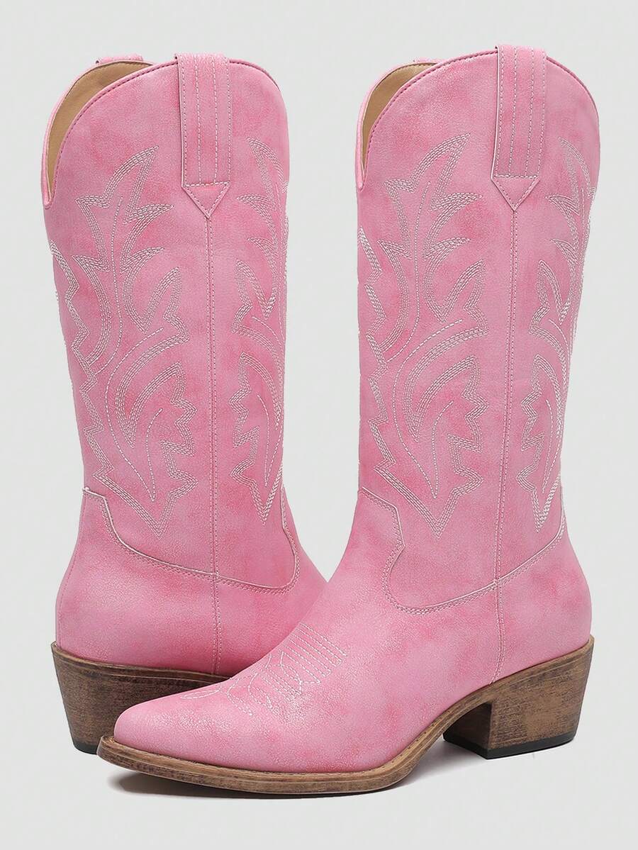 GLOBALWIN Women's Mid Calf Western Cowboy Boots Cowgirl Boots For Women With Floral Embroidery Side Zipper Chunky Heel Fall Boots Halloween Season - 粉色 - 查看 1