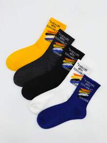 5 Pairs Men's Sports Socks, Korean Style Striped & Letter Print Street Couple Mid-Calf Long Socks