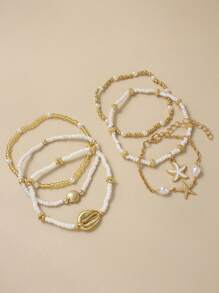 6/3 pièces Bracelet multicouche en perles pour l'été, ensemble de bracelets avec pendentifs étoile de mer et coquillage. Bijoux sexy de plage et de rendez-vous casual, cadeau pour femmes (nombre et ordre des perles aléatoires)