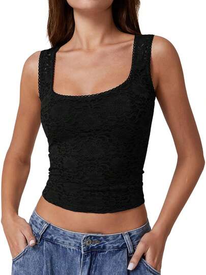 Women's Summer Lace Tank Top  Solid Color Square Collar Slim Fit Vest Tops Casual T Shirt Streetwear