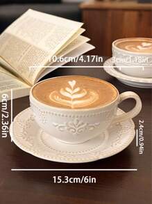 1 Set French Retro Glaze Ceramic Coffee Cup & Saucer, Luxury Latte Art Cup, Baroque Style Embossed Mugs - Enjoyable For Afternoon Tea, Perfect Gift For Mother's Day, Thanksgiving, Elders