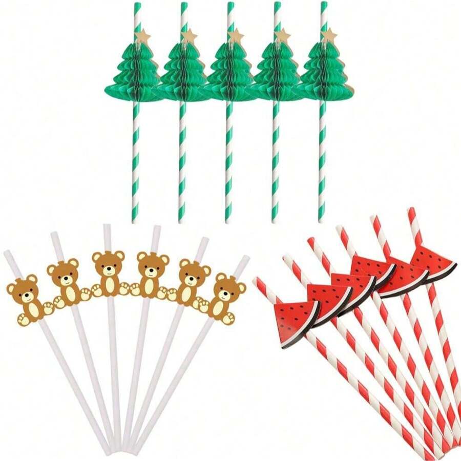 6 pièces/10 pièces/50 pièces/60 pièces Pailles en papier jetables pour fête avec décoration d'ours, de nid d'abeille et de pastèque. Pailles à cocktail pour décoration d'anniversaire, bal de promo et boisson. Vaisselle