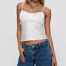 Women's Satin Cami Tops Sleeveless Open Back V Neck Low Cut Slim Fit Lace Trim Tank Tops For Party Streetwear