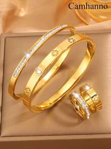 4 Peças Conjunto de Pulseiras e Anéis de Aço Inoxidável Moda Criativa, Para Família, Ente Querido, Presentes de Feriado, Presentes de Natal, Presentes de Aniversário