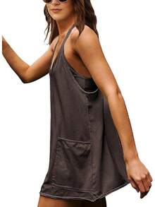 Women's Summer Sleeveless Mini Dress With Built-In Shorts - Coffee - View 3