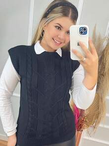Women's Winter Knitted Vest Blogger Simple Casual Knitted Cable Stitch - màu đen - Xem 3