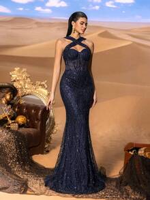 Faeriesty Elegant Sleeveless Backless Sequin Beaded Mermaid Maxi Formal Party Dress For Women - Navy Blue - View 7
