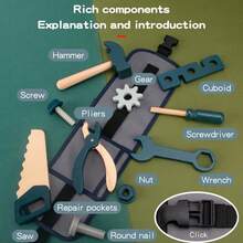 Kids Pretend Play Wood Repair Tool Belt Set, Includes Nut, Hammer, Screwdriver, Saw, Wrench - Children's Birthday Gift