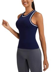 MathCat Workout Tank Tops For Women Racerback Basic Athletic Tanks Muscle High Neck Yoga Tops With Built In Bra - màu xanh hải quân - Xem 4
