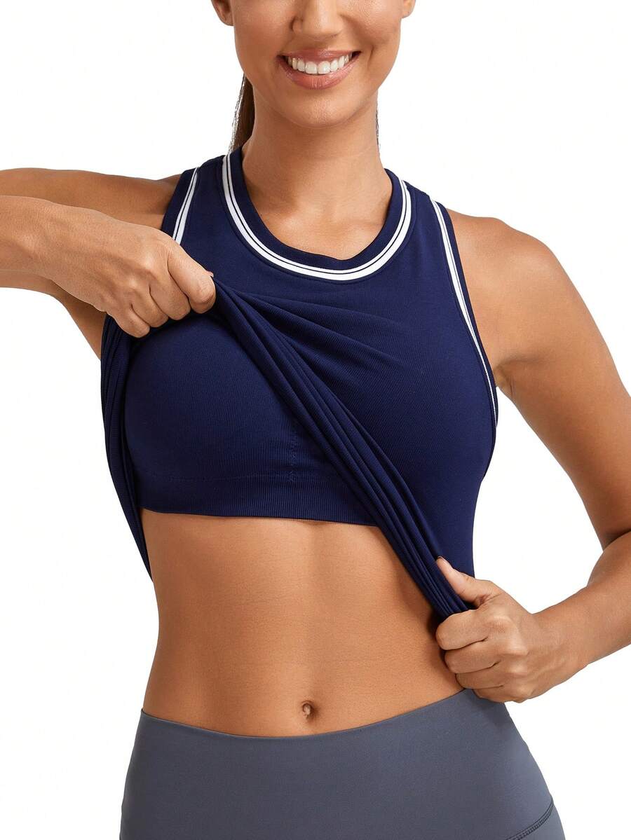 MathCat Workout Tank Tops For Women Racerback Basic Athletic Tanks Muscle High Neck Yoga Tops With Built In Bra - màu xanh hải quân - Xem 1