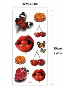 ورقتان من الوشم المؤقت، طباعة شفاه حمراء جذابة 3D ، فيونكة، كرز، قرع، وردة، مقاومة للماء، تدوم من 2 إلى 5 أيام، قادرة على تغطية الندوب، مناسبة للذراعين والرسغ والكتفين والساقين والخصر والرقبة والأيدي والصدر والفخذين والجسم