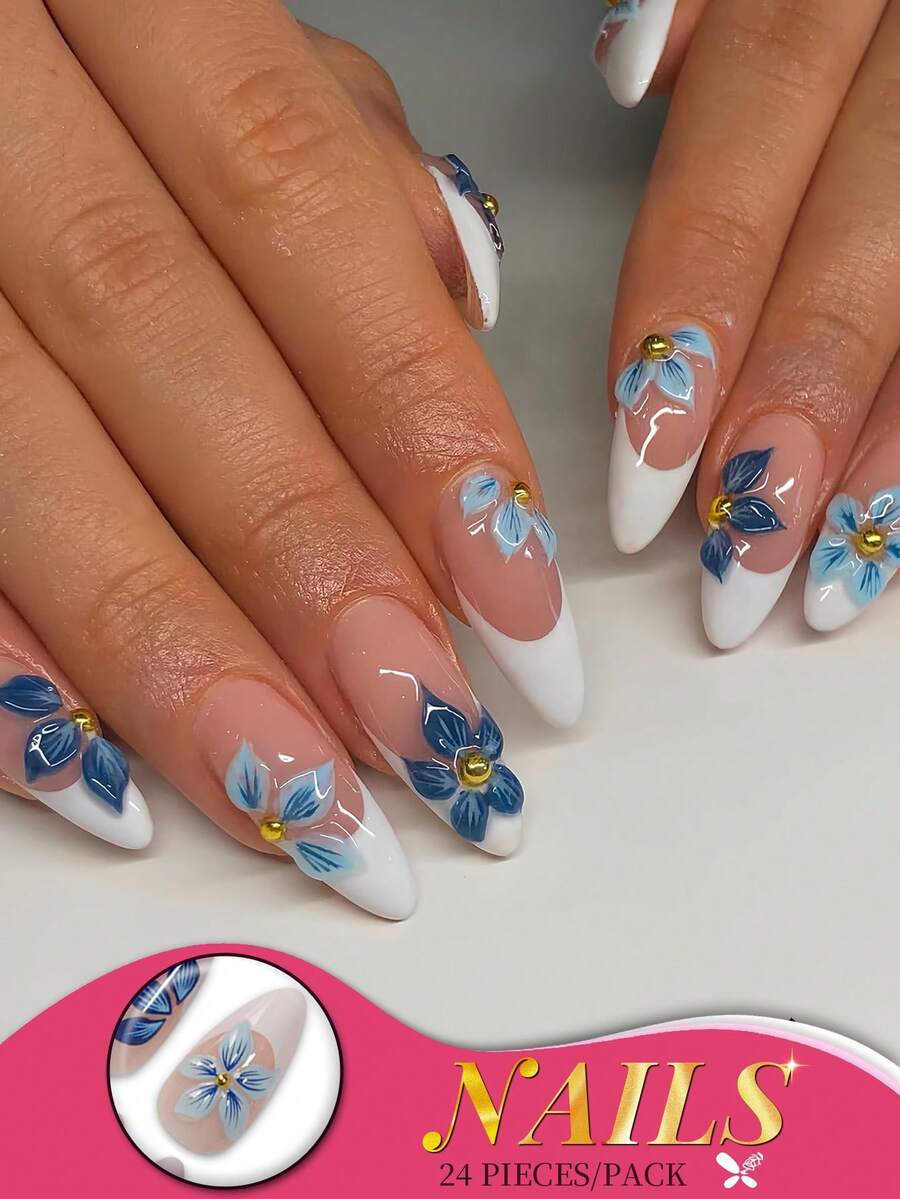24 件中号杏仁蓝色 3D 花朵按压指甲，法式尖头，优雅渐变裸色假指甲套装，花卉图案和金珠，包含指甲锉和粘性标签，适用于女士派对日常美甲用品