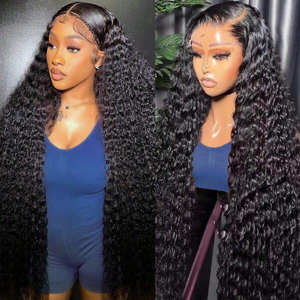 200% Density 40Inch13x6 Deep Curly Wave Lace Front Wigs Human Hair HD Transparent Lace Front Wigs Human Hair Pre Plucked Wigs Water Wave Human Hair With Baby Hair Natural Hairline Water Curly Wigs For Women Natural Color