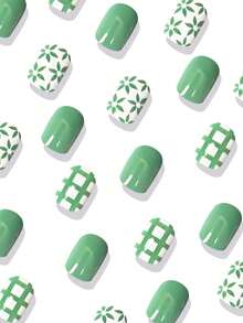 24片夏季美甲，绿色花朵和绿色格子假指甲，适合夏季佩戴，指甲饰物，按压式指甲，适合送给女生礼物，按压式指甲。美甲用品 美甲 - 彩色 - 查看 3