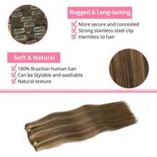 Uveous #4/27 Highlight Clip In Hair Extensions 100% Remy Hair Straight Full Head Human Hair Clips In Hair Blonde Brown Color, Natural Soft Human Hair, 8Pcs 120g - Natural Black - 查看 5