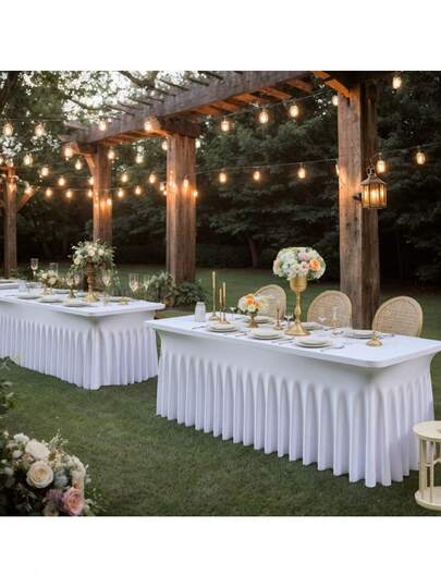 1pc White Spandex Tablecloth, Wrinkle-Resistant & Washable, Fits Rectangular Dining Tables, Elastic Patio Table Cover, Suitable For Wedding, Banquet, Party, Ins Style Luxurious White Stretchy Tableskirt, Hotel, Banquet, Birthday, Conference Table Cloth