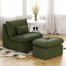 Relaxing Chair With Footrest, Floor Chair, Lazy Sofa, Meditation Chair, TV Armchair, Comfortable, For Bedroom, Chenille Fabric, White/Green - 查看 3