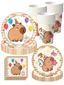 Set Piring Pesta Tema Capybara 10/50pcs - Dekorasi Peralatan Makan Pesta Capybara Kartun Lucu, Piring dan Serbet Kertas Sekali Pakai Warna Oranye, Cocok untuk Pesta Ulang Tahun, Melayani 10 Tamu - MultiWarna - View 1