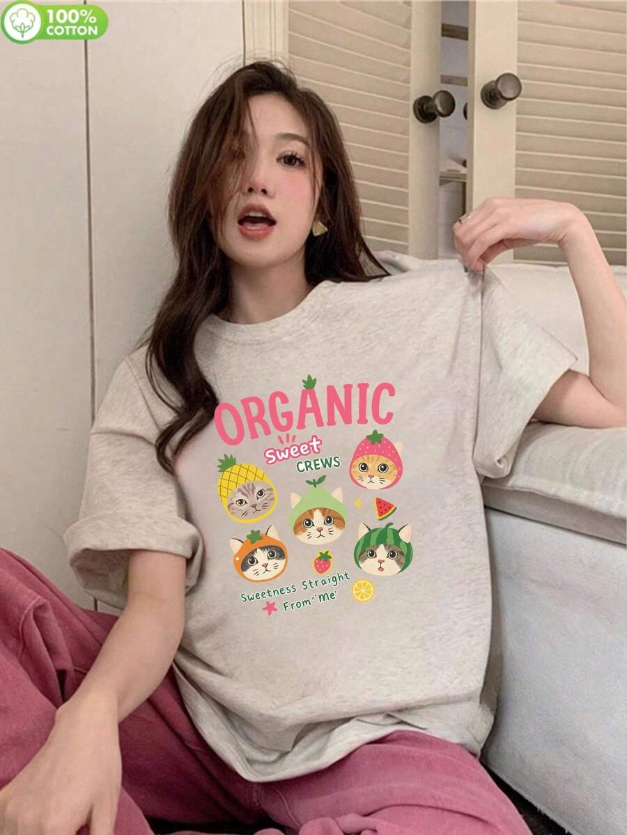 200g Pure Cotton T-Shirt 2025 Summer Ladies New Short Sleeve Pure Cotton Holiday Pattern Short Sleeve Round Neck Couple Wear Small Shirt Tops - 淺花灰 - 查看 1