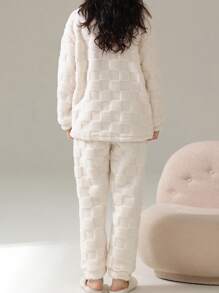 Cute Striped Wool Pajama Set - Thermal Lined Bear Pattern Warm Sleepwear Set, Soft Polyester Long Sleeve Top & Pants, Suitable For Christmas & New Year, 2-Piece Teenage Girls Home Set, Autumn/Winter