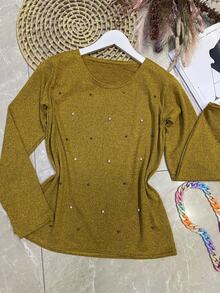 Long Sleeve Blouse In Soft Fabric With Rhinestones - Mustard Yellow - View 2