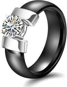6mm White/Black Ceramic Rings Plus Cubic Zirconia For Women Comfort Fit Engagement Wedding Band Size 5-122025 - Black & Silver - View 1