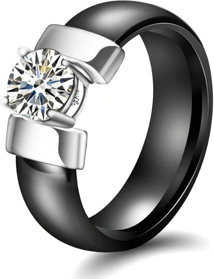 6mm White/Black Ceramic Rings Plus Cubic Zirconia For Women Comfort Fit Engagement Wedding Band Size 5-122025 - Black & Silver - View 1