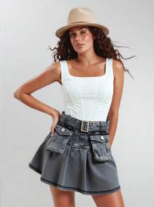Women Pleated Denim Mini Skirt With Belted Waist And Utility Pockets – Edgy And Casual Wear-Black Mini Skirt