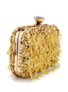 Retro Beaded Evening Clutch Bag, Removable Shoulder Strap, Solid Color Polyester Handbag With Buckle Closure And Decorative Box-Shaped Wallet, Suitable For Banquets And Parties