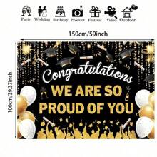 TYFYO 1pc Graduation Photography Background, Black Graduation Cap And Golden Balloon Graduation Congrats Party Banner Background