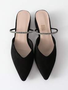 Women Pointed Toe Block Heel Backless Rhinestone French Slide Sandals, New Spring/Summer Winter Gifts - Black - View 2