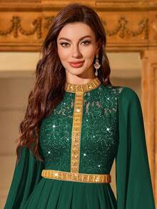 MIUSOL Sequin Floral Lace Contrast Color Chiffon High Neck Ruffle Hem Long Sleeve Formal Evening Gown - Dark Green - View 8