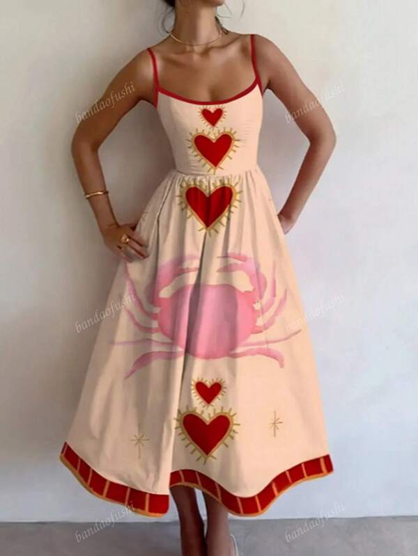 Casual Elegant Women's Backless Printed Slip Dress, Spring/Summer