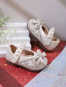 Baby Fashionable Mary Jane Shoes, Toddler Girls Spring/Summer Soft Sole Anti-Slip Walking Shoes With Glittery Bow, Suitable For Party, Formal Wear, Vacation - White - View 2