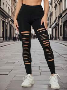 Women's Fashionable Slim-Fit Asymmetric Ripped Leggings Spring Black - Black - View 2