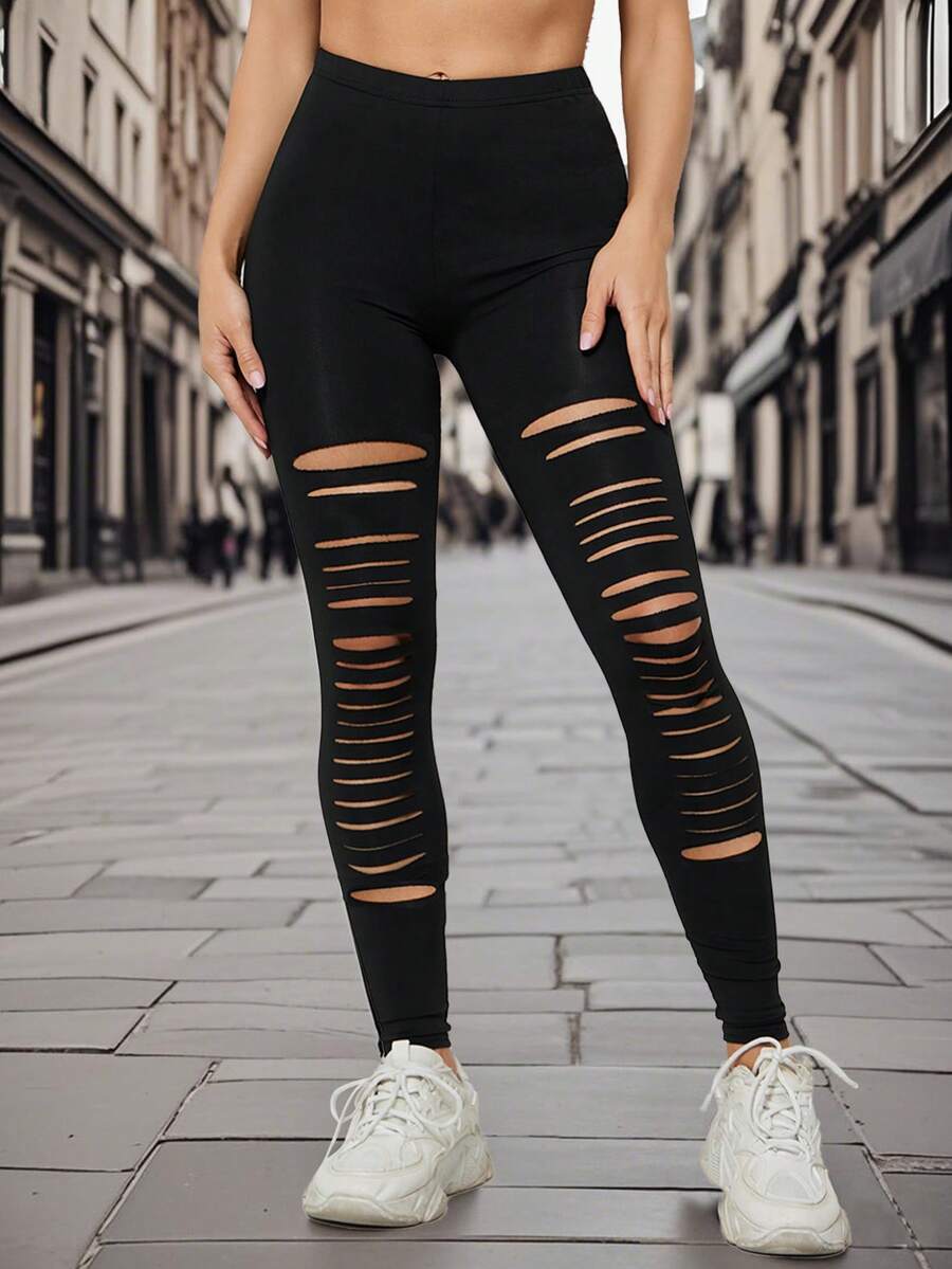 Women's Fashionable Slim-Fit Asymmetric Ripped Leggings Spring Black