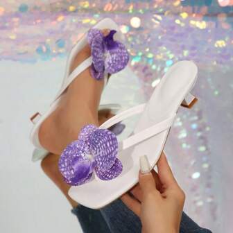 2025 Summer New Arrival Women Toe-Post Flip Flops, Floral Rhinestone Square Toe High Heel Sandals