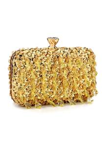 Retro Beaded Evening Clutch Bag, Removable Shoulder Strap, Solid Color Polyester Handbag With Buckle Closure And Decorative Box-Shaped Wallet, Suitable For Banquets And Parties