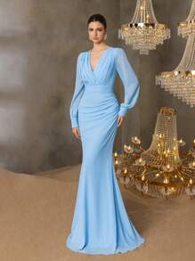 Elisanya 女士优雅交叉V领灯笼袖鱼尾连衣裙 - 精致永恒的设计，适合春夏婚礼、晚宴、红毯伴娘礼服、夏季度假装扮 - 淺藍色 - 查看 8
