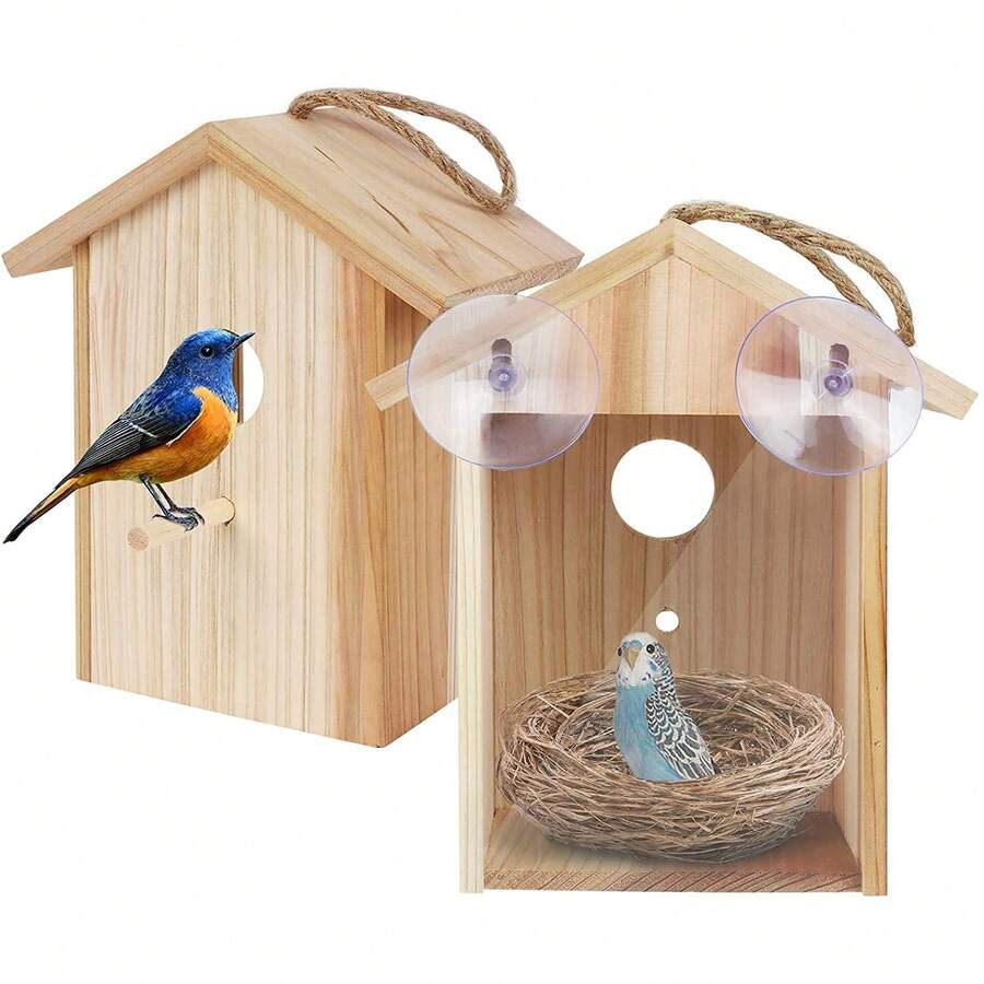 Transparent Window Bird House With Suction Cup And Lanyard – Upgraded Wooden Outdoor Bird Nest For Easy Viewing And Garden Decor - màu nâu - Xem 1