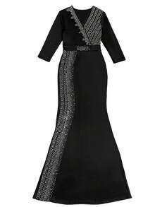 Sparkling Rhinestone Elegant Long Sleeve Womem Sexy Deep V Long Dresses Birthday Party Gown Graduation - Black - View 3