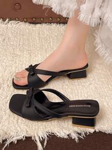 Women's Mid Heel Elegant Sandals, Bowknot Chunky Heel Slide Sandals, Ladies Slip On Slippers