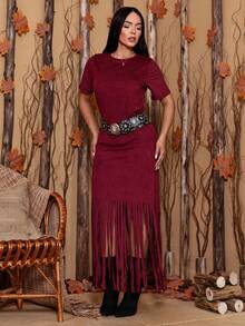 PLAIN SUEDE DRESS WITH FRINGE COUNTRY RODEO - Màu Đỏ Sâu - Xem 5
