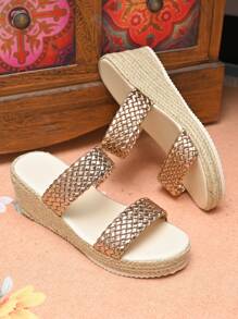 Women's Thick-Soled Straw Rope Summer Beach Holiday Slip-On Wedge Sandals, Stylish And Fashion