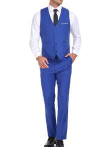 Conjunto de fato masculino de 2 peças, blazer e calças elegantes de cor lisa com corte slim, adequado para negócios, casamentos, festas, tamanho XS-XXXL - Azul Real - View 3