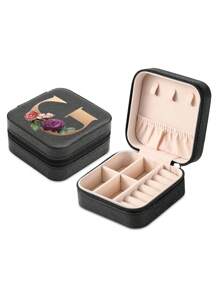 1pc Mini Floral Alphabet Jewelry Storage Box, A-Z Gold Letters, Portable Zipper Travel Jewelry Storage Box, Gift Box For Women, Multi-Function Jewelry Display Stand For Rings, Pendants, Earrings, Necklaces, Etc. - Suitable For Women, Mother, Girlfriend, Valentine's Day Gift Box.