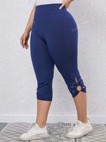Pantalón corto de tiro alto de unicolor y ajustado con diseño hueco para mujer de talla grande