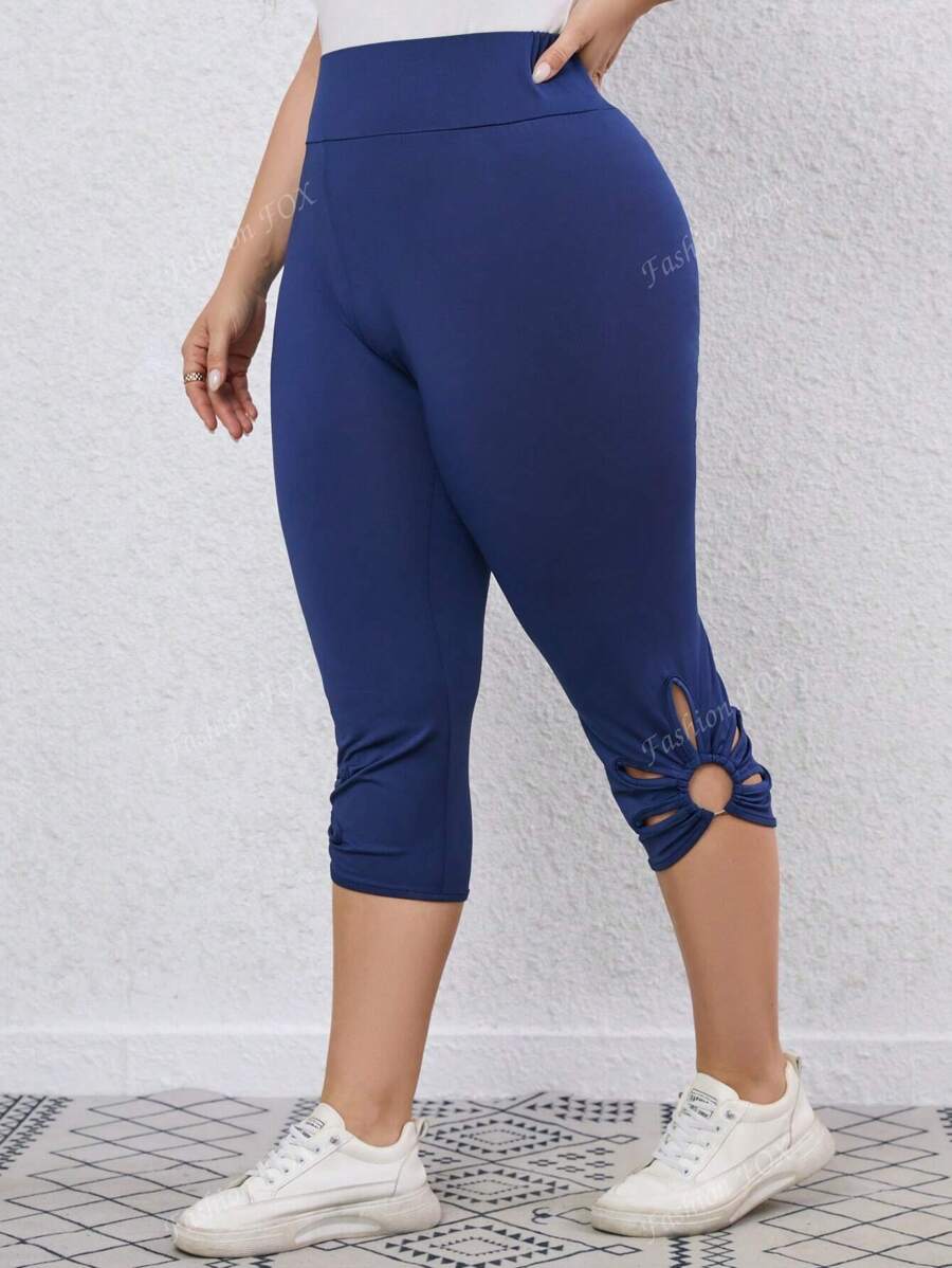 Pantalón corto de tiro alto de unicolor y ajustado con diseño hueco para mujer de talla grande
